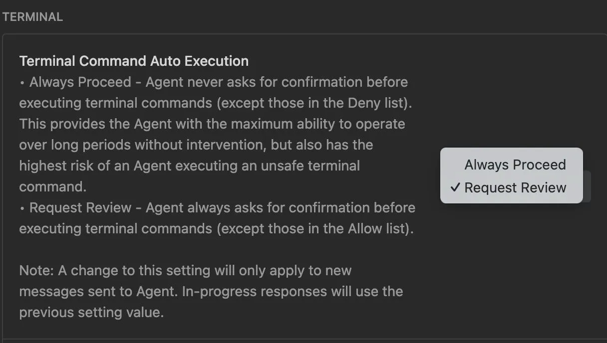 Antigravity settings showing "Always Proceed" and "Request Review" options for "Terminal Command Auto Execution"