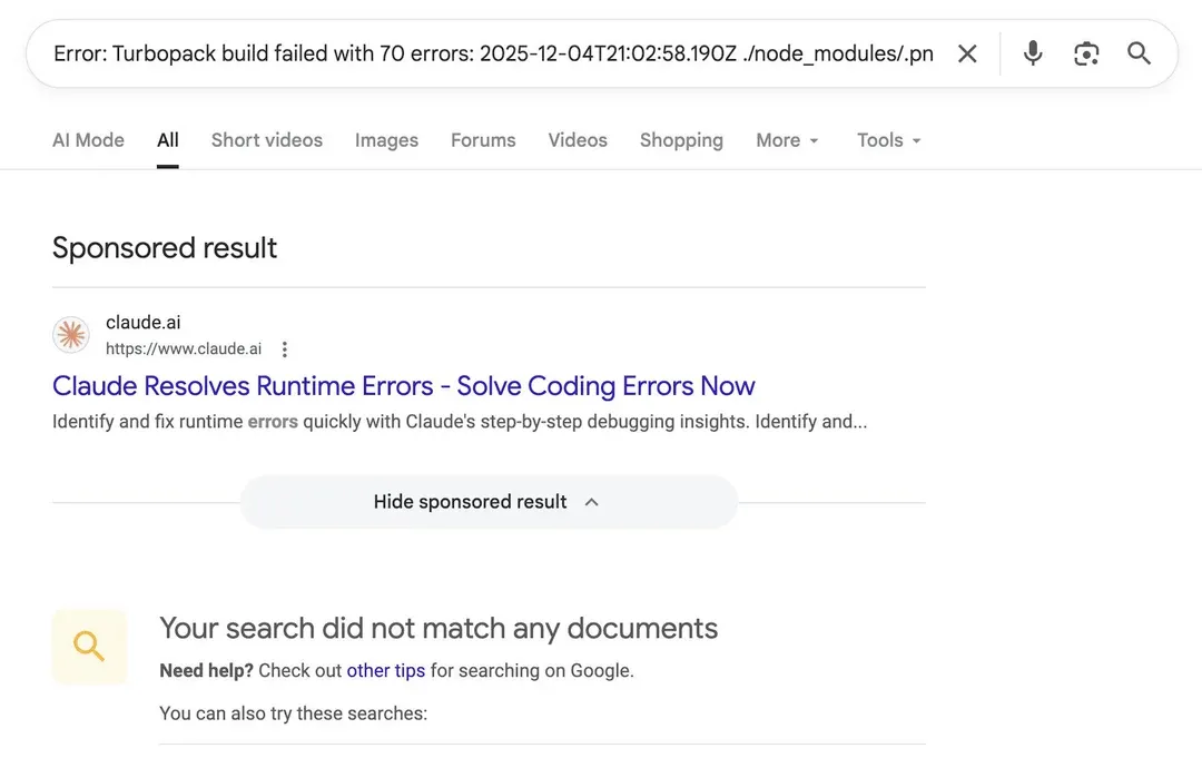 r/Anthropic - Incredibly Creative Move by Anthropic to sponsor Claude ads on stacktraces that get no results